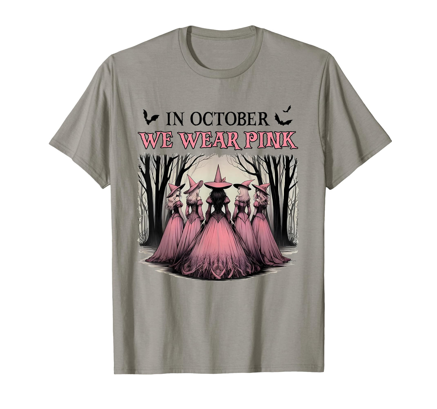 in October We Wear Pink Halloween Salem Witch Breast Cancer T-Shirt