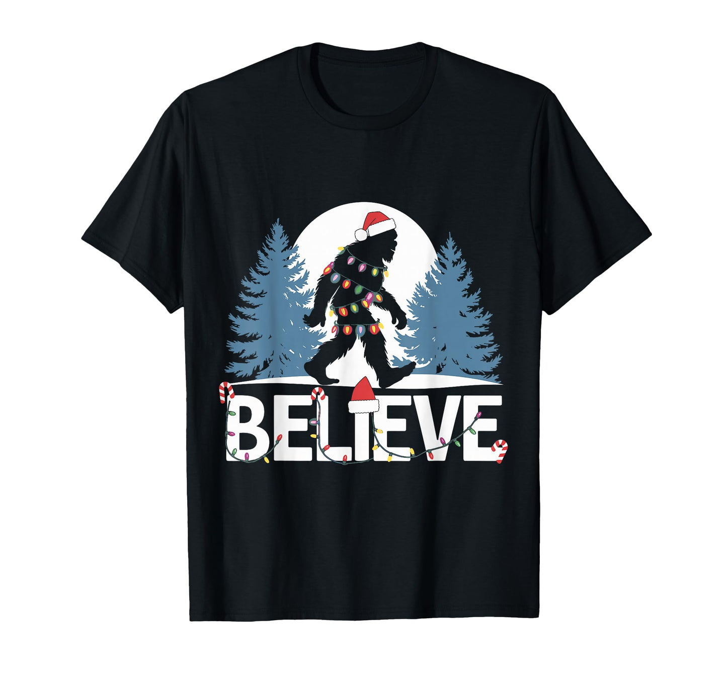 Santa Bigfoot Christmas Lights Funny Sasquatch Believe Xmas T-Shirt