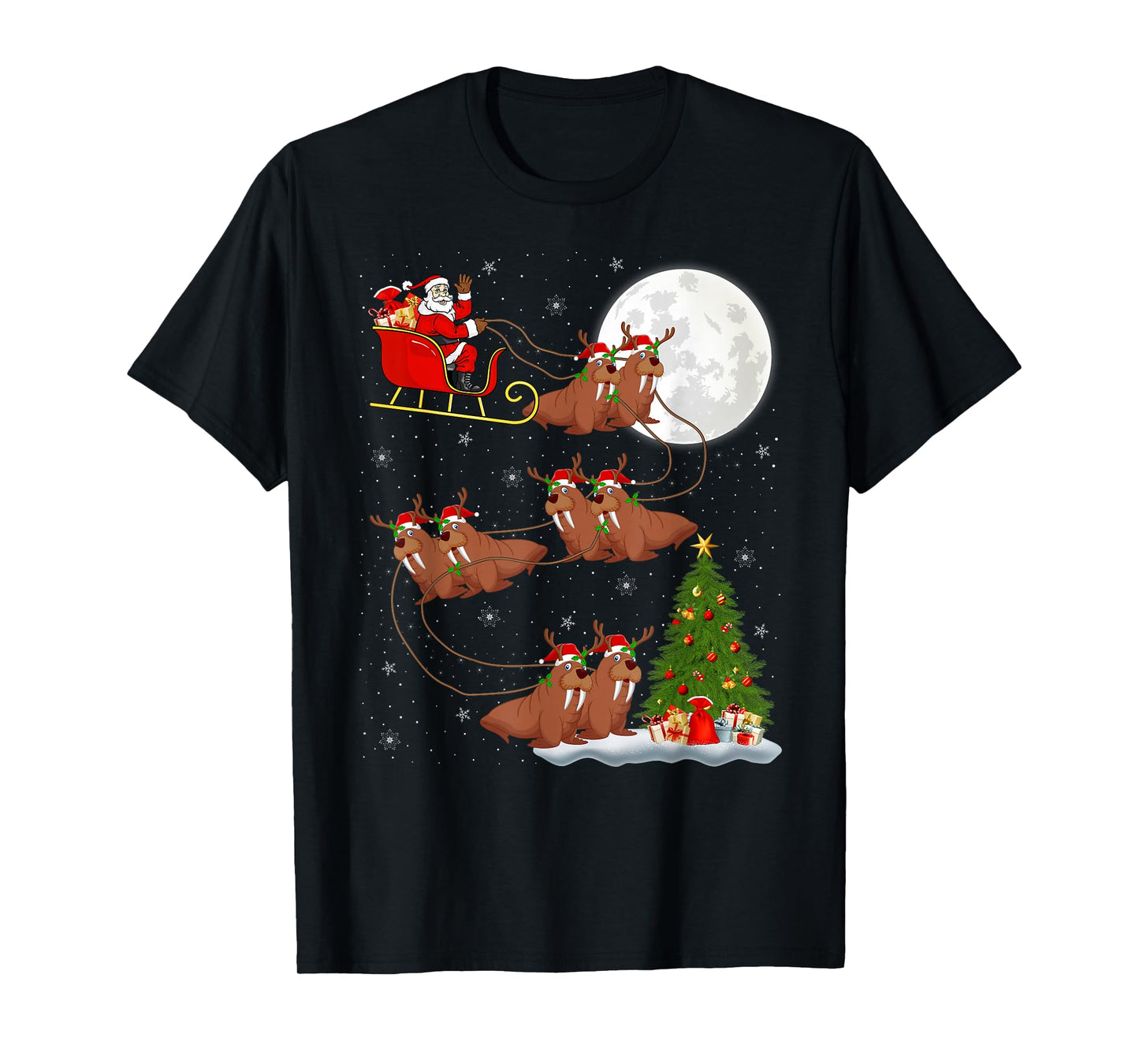 Walrus Santa Sleigh Flying Funny Magical Christmas T-Shirt
