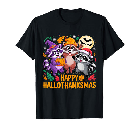 Happy Hallothanksmas Raccoon Trio Pumpkin T-Shirt