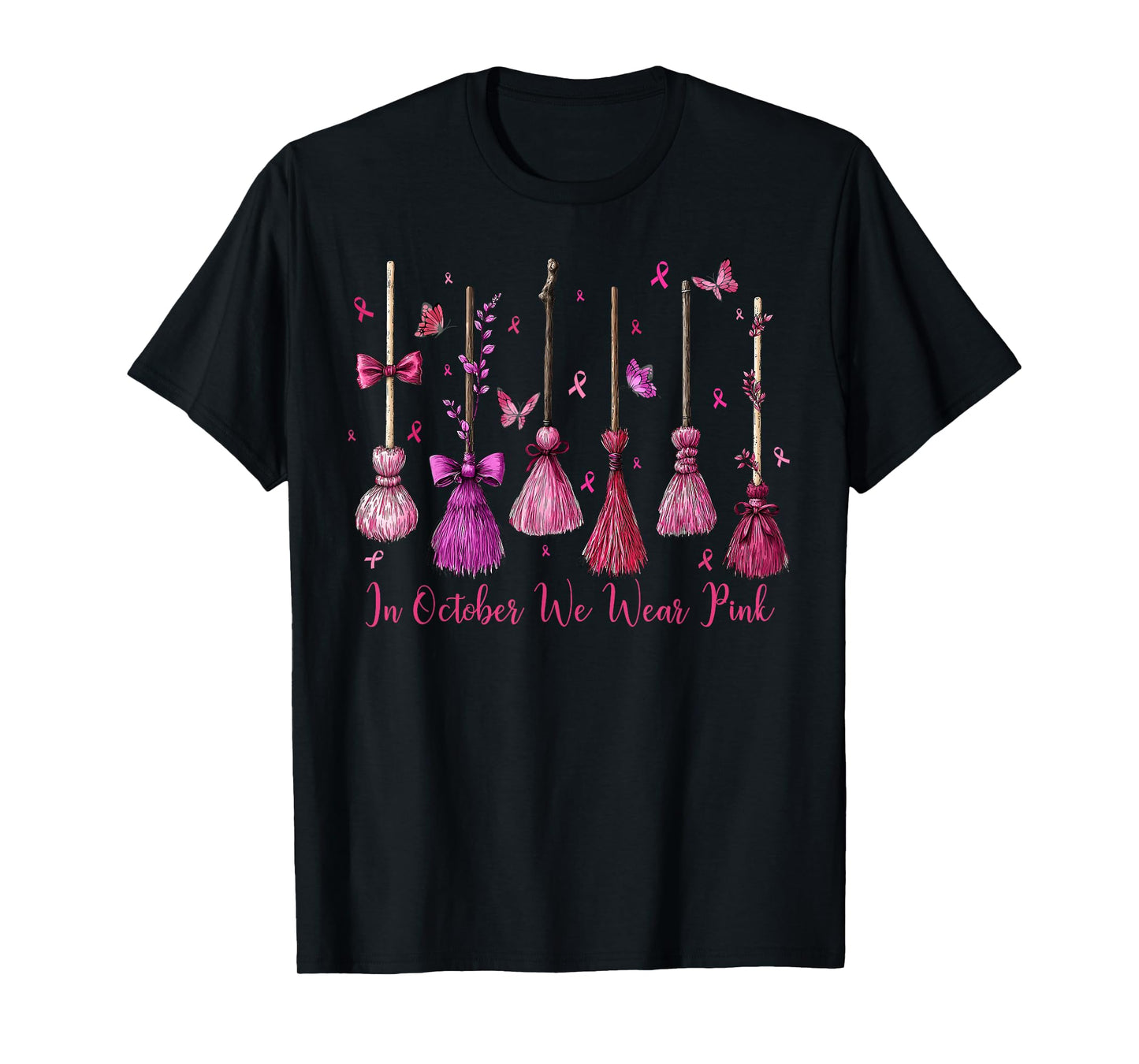 in October We Wear Pink Witch Broom Halloween Breast Cancer T-Shirt