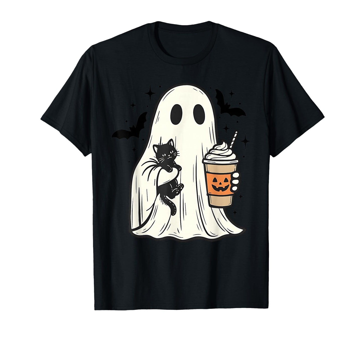 Vintage Halloween Ghost Holding Black Cat Fall Coffee T-Shirt