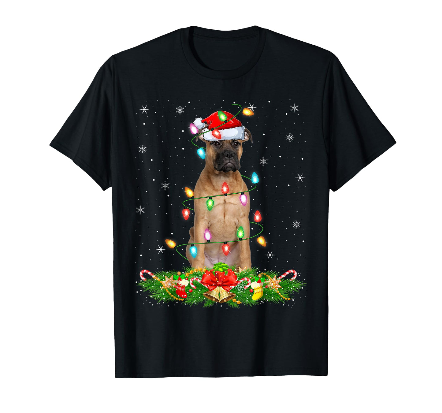 Bullmastiff Dog Christmas Lights Funny Santa Hat Xmas T-Shirt