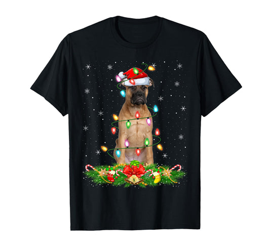 Bullmastiff Dog Christmas Lights Funny Santa Hat Xmas T-Shirt