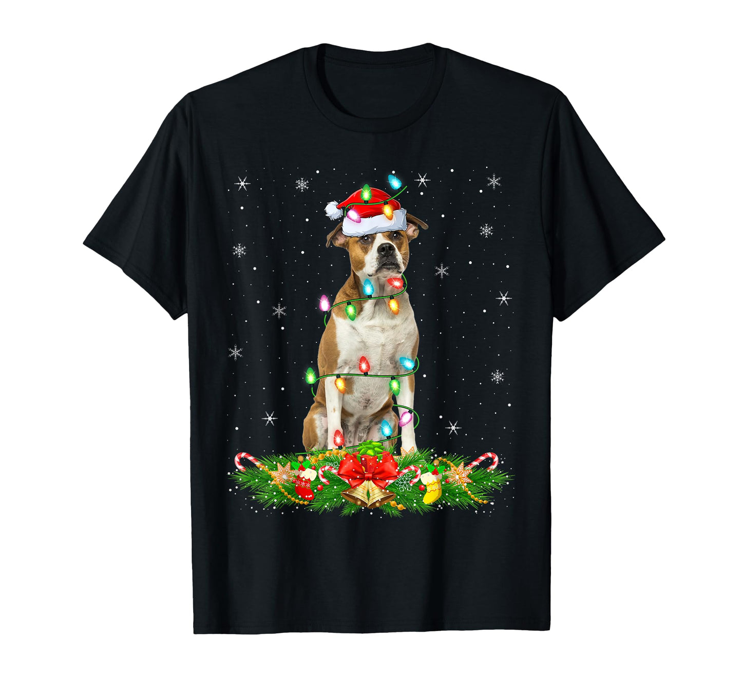 American Bulldog Christmas Lights Funny Santa Hat Xmas T-Shirt