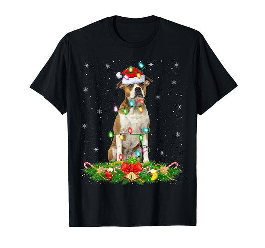 American Bulldog Christmas Lights Funny Santa Hat Xmas T-Shirt