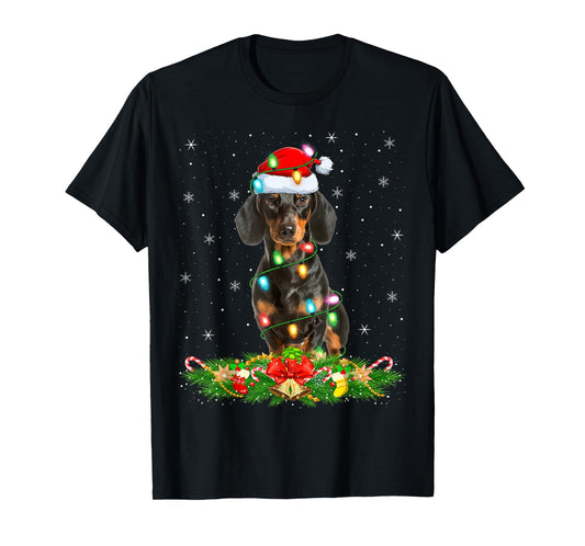 Dachshund Dog Christmas Lights Funny Santa Hat Xmas T-Shirt