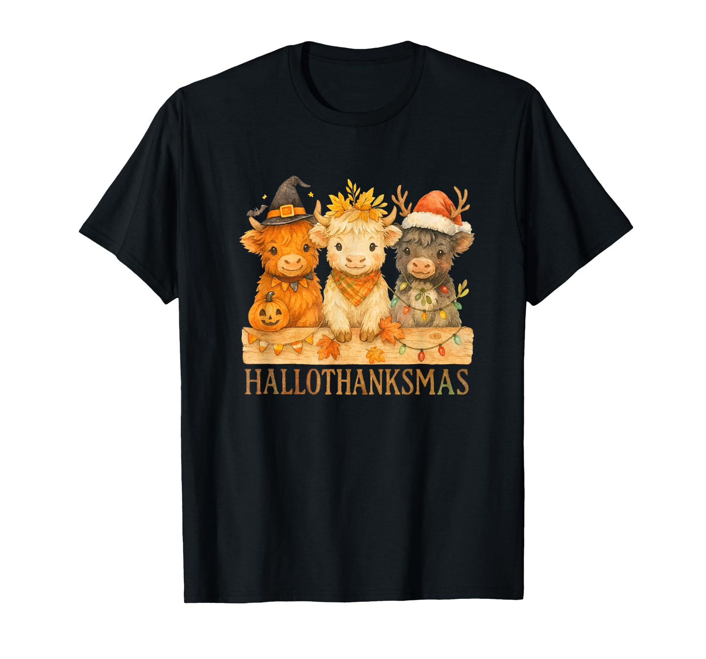 Hallothanksmas Highland Cow Trio Halloween Thanksgiving T-Shirt