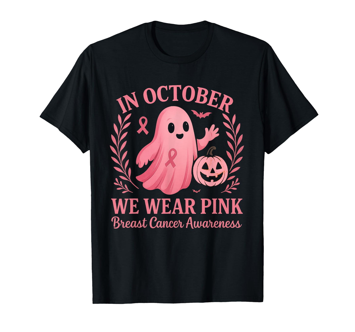 in October We Wear Pink Ghost Witch Breast Cancer Awareness T-Shirt