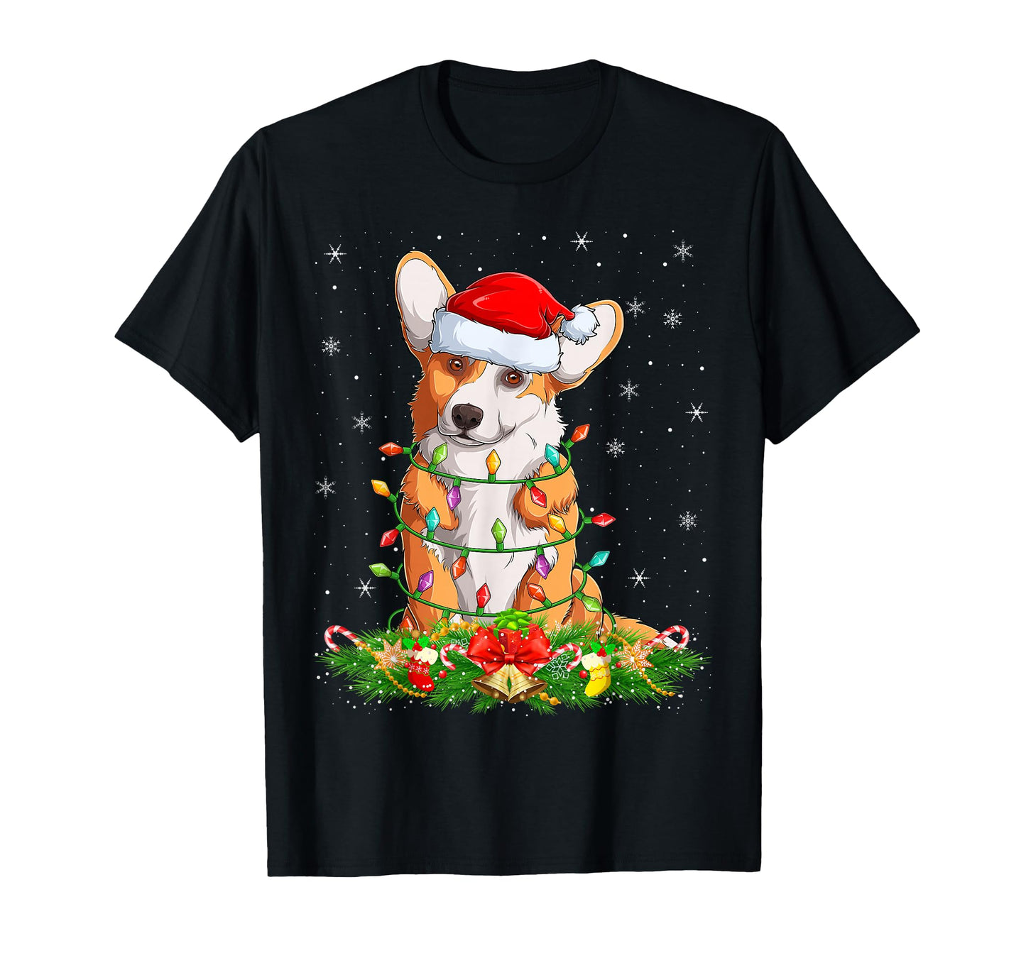 Corgi Dog Christmas Lights Funny Santa Hat Xmas T-Shirt