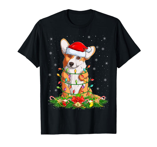 Corgi Dog Christmas Lights Funny Santa Hat Xmas T-Shirt