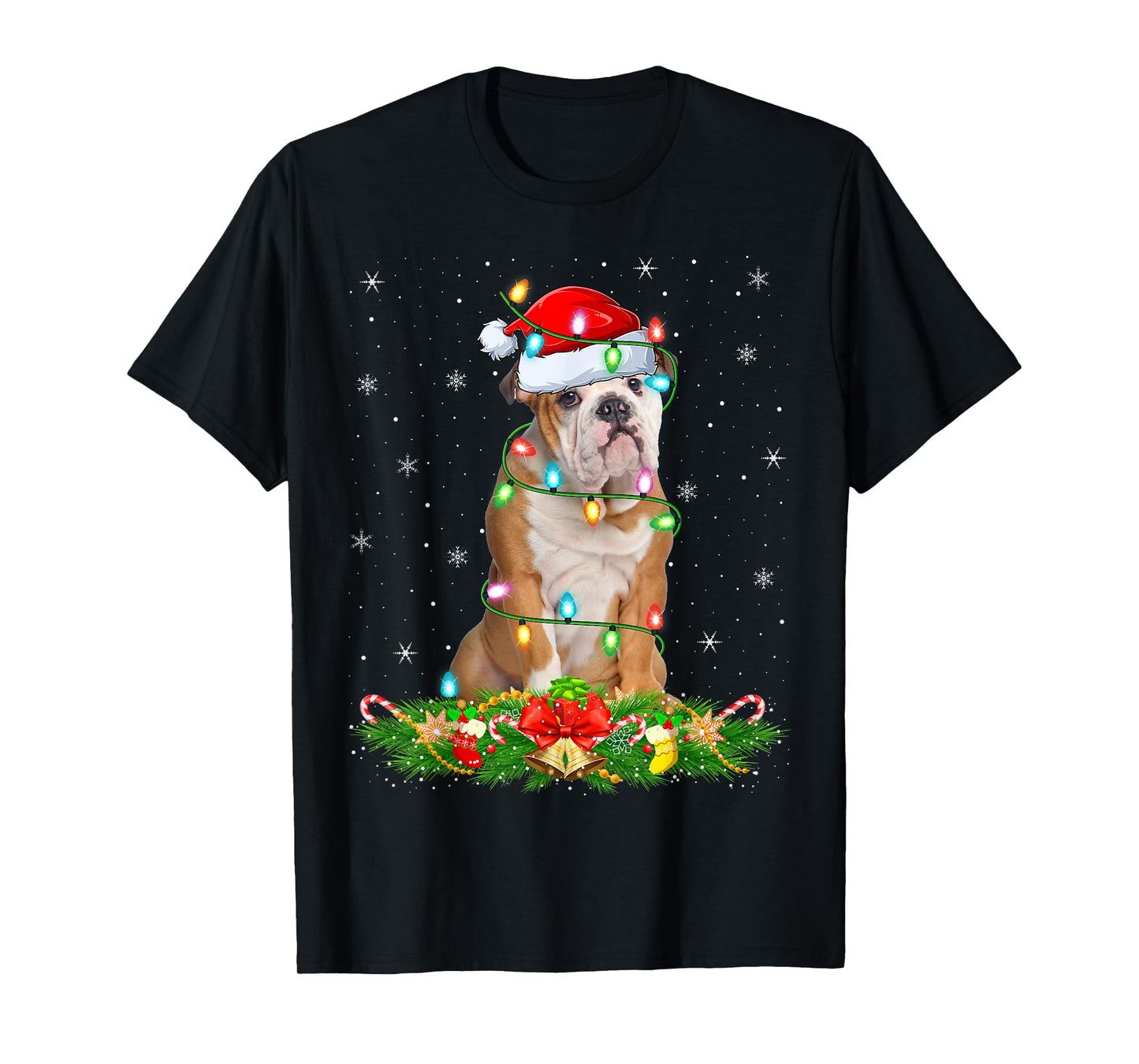 English Bulldog Christmas Lights Funny Santa Hat Xmas T-Shirt