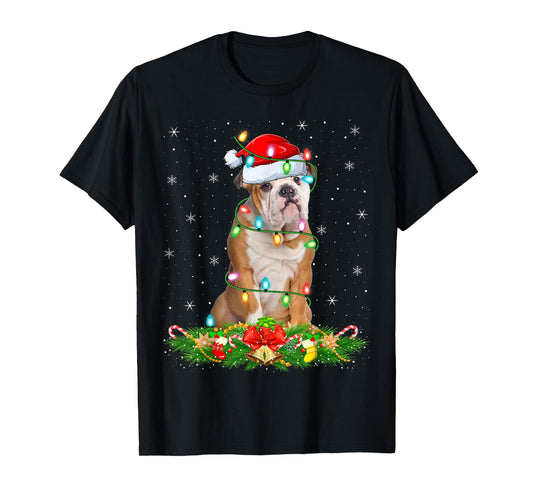 English Bulldog Christmas Lights Funny Santa Hat Xmas T-Shirt