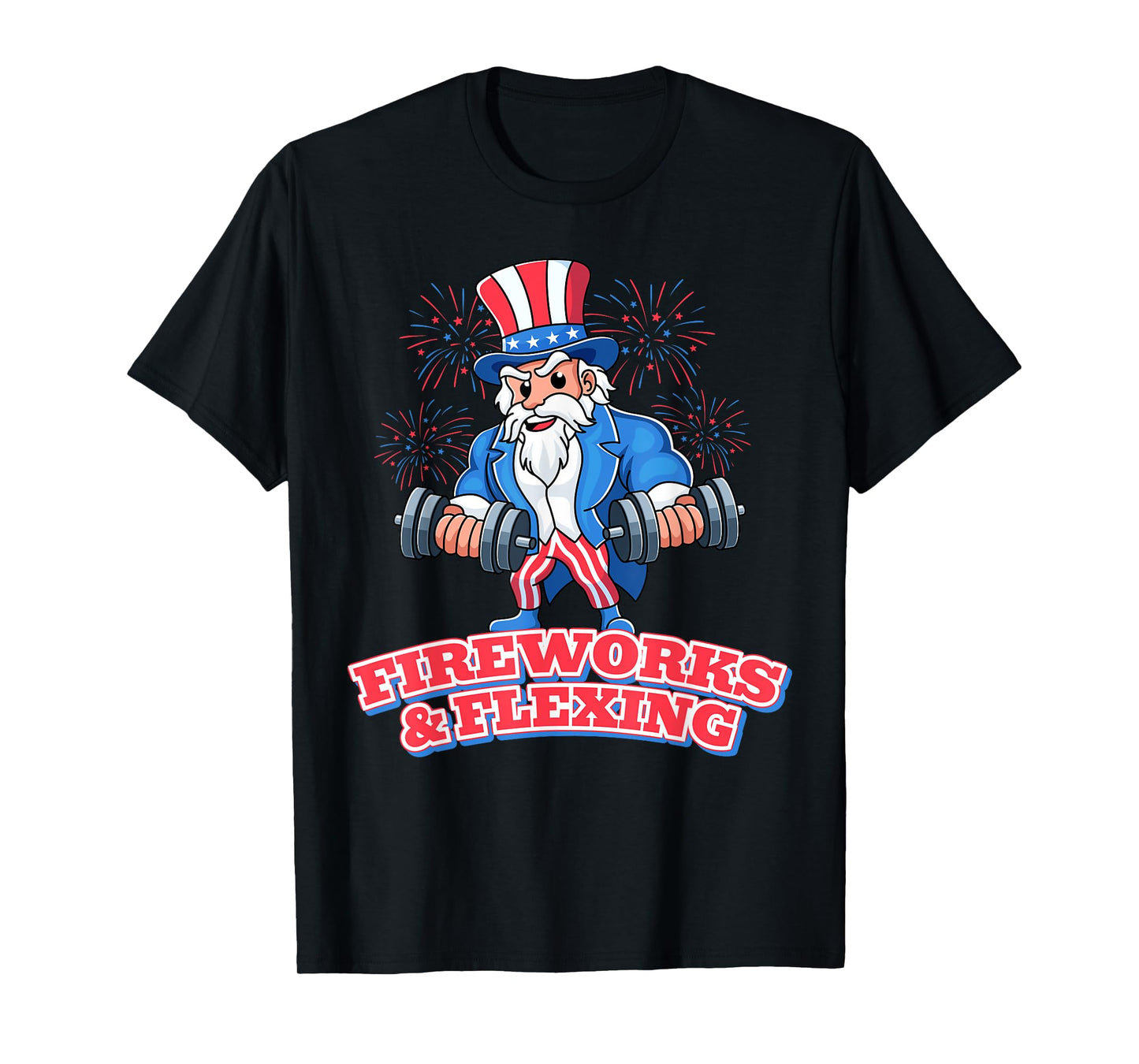 Fireworks & Flexing July 4th Gym Workout Lifting Pun Funny T-Shirt