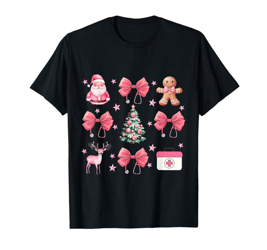 Coquette Bow Pink Nurse Tree Santa Gingerbread Christmas T-Shirt