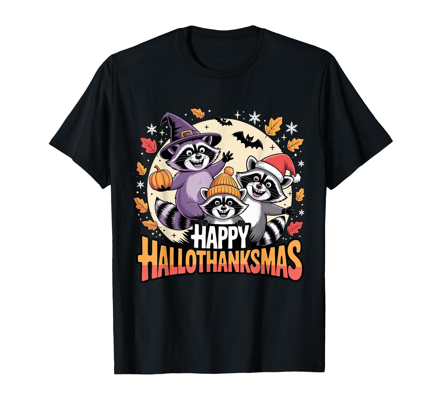 Happy Hallothanksmas Raccoon Trio Pumpkin T-Shirt