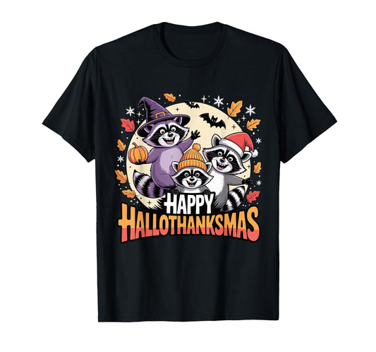 Happy Hallothanksmas Raccoon Trio Pumpkin T-Shirt