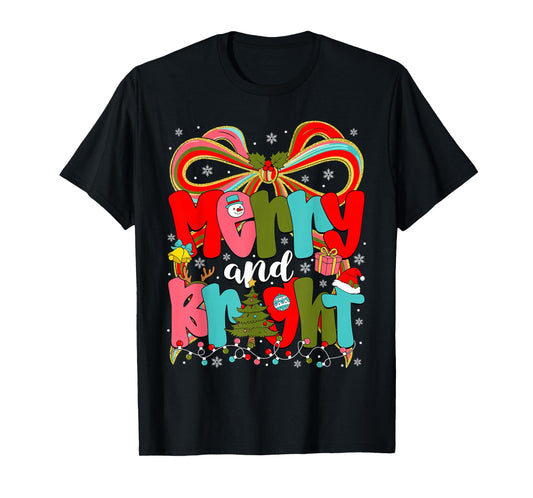 Merry and Bright Coquette Bow Christmas Lights Women Girls T-Shirt