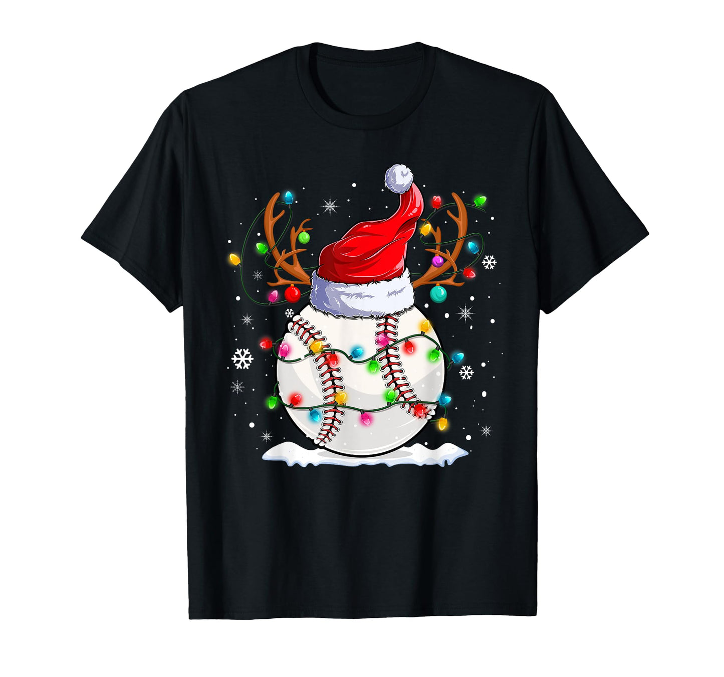 Baseball Santa Hat Reindeer Christmas Lights Funny Xmas T-Shirt