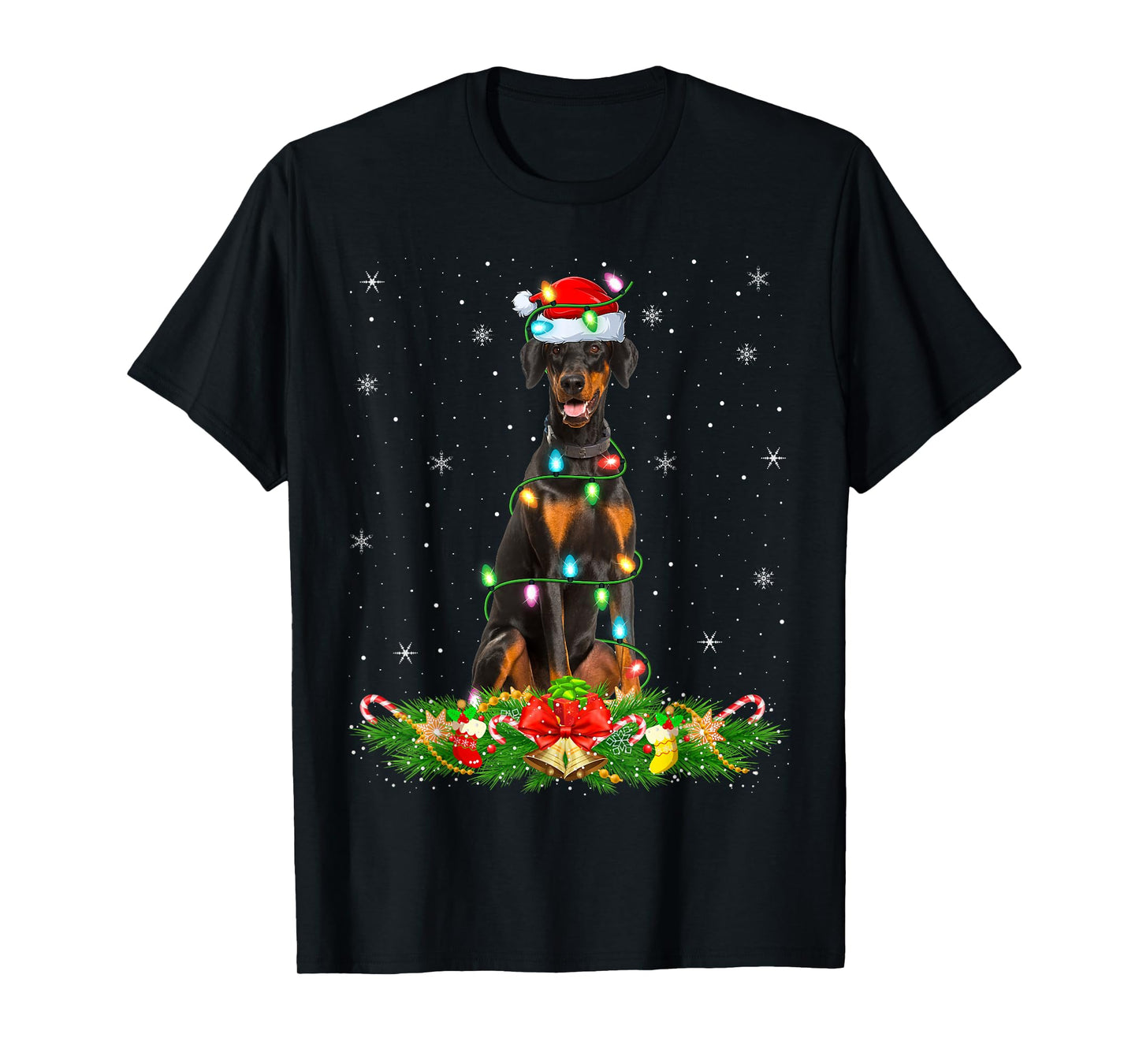 Dobermann Dog Christmas Lights Funny Santa Hat Xmas T-Shirt