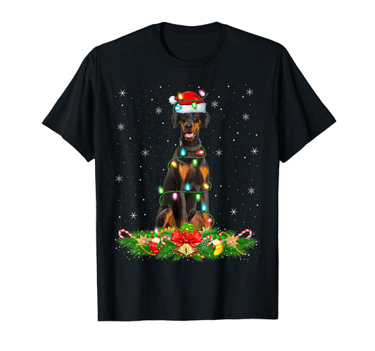 Dobermann Dog Christmas Lights Funny Santa Hat Xmas T-Shirt