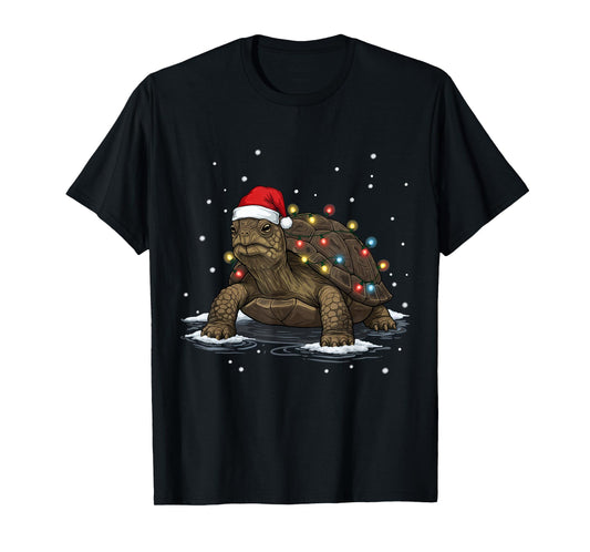 Festive Christmas Turtle with Santa Hat and Holiday Lights T-Shirt