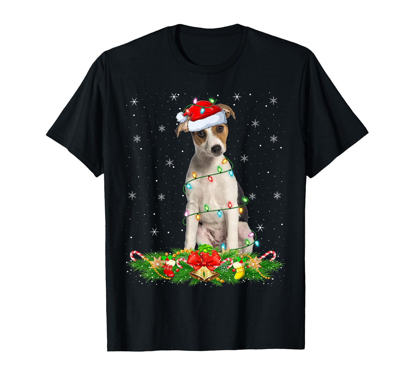 Fox Terrier Dog Christmas Lights Funny Santa Hat Xmas T-Shirt