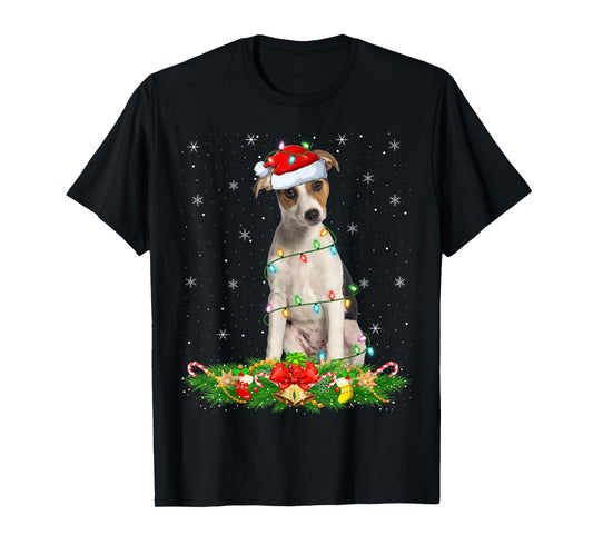 Fox Terrier Dog Christmas Lights Funny Santa Hat Xmas T-Shirt