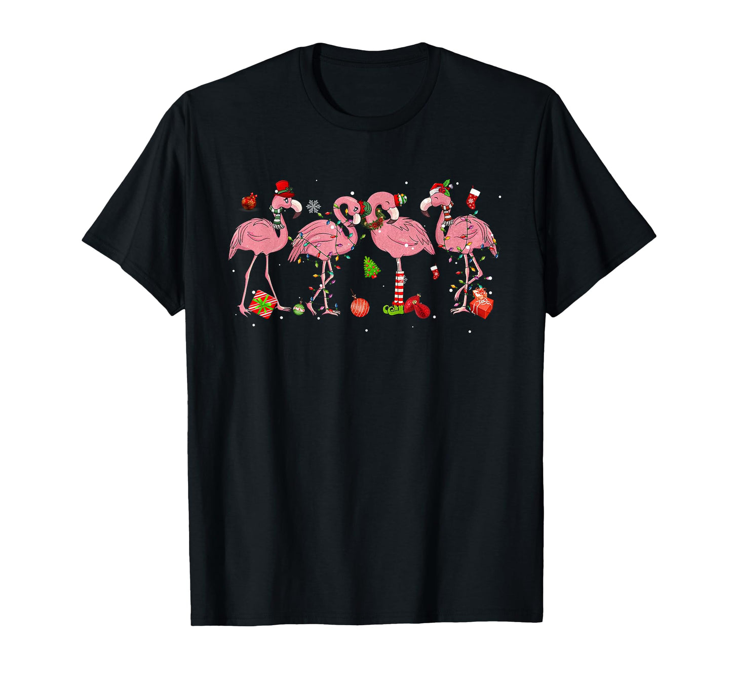 Pink Flamingo Hat Santa Merry Christmas Lights Womens Girls T-Shirt