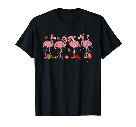 Pink Flamingo Hat Santa Merry Christmas Lights Womens Girls T-Shirt