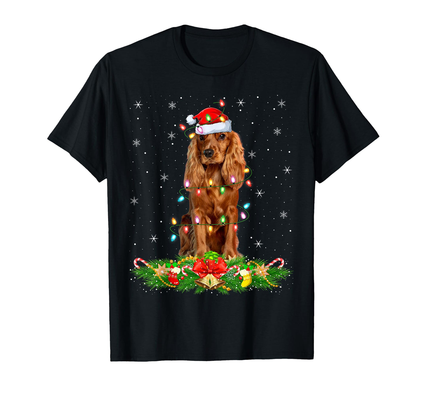 Cocker Spaniel Dog Christmas Lights Funny Santa Hat Xmas T-Shirt