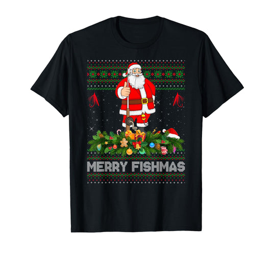 Fishing Santa Ugly Christmas Sweaters Merry Fishmas Xmas T-Shirt