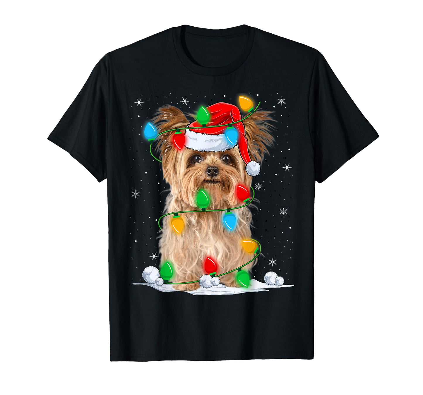 Yorkshire Terrier Dog Christmas Lights Funny Santa Hat Xmas T-Shirt