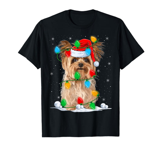 Yorkshire Terrier Dog Christmas Lights Funny Santa Hat Xmas T-Shirt