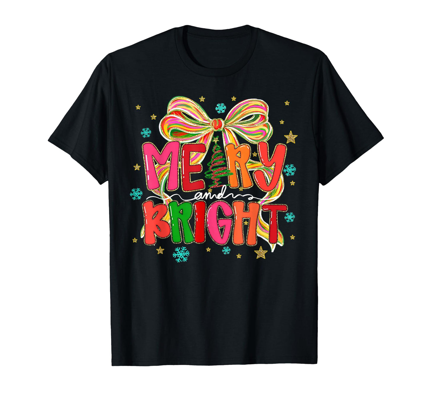 Coquette Bow Merry & Bright Christmas Xmas Pajamas Snowflake T-Shirt