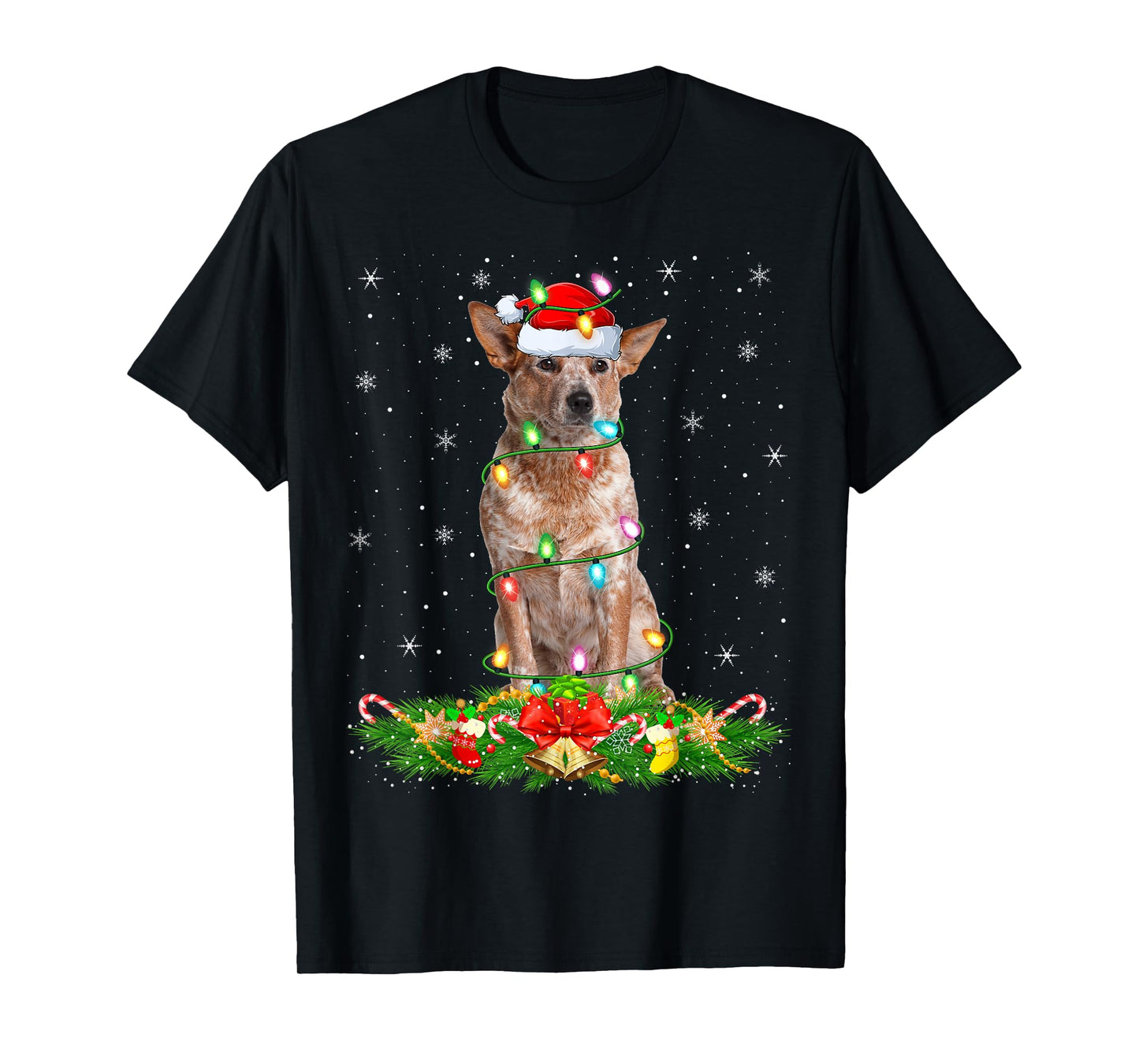Australian Cattle Dog Christmas Lights Funny Santa Hat Xmas T-Shirt