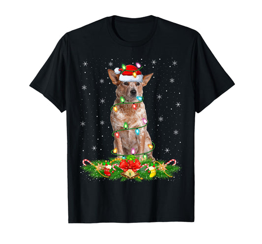 Australian Cattle Dog Christmas Lights Funny Santa Hat Xmas T-Shirt