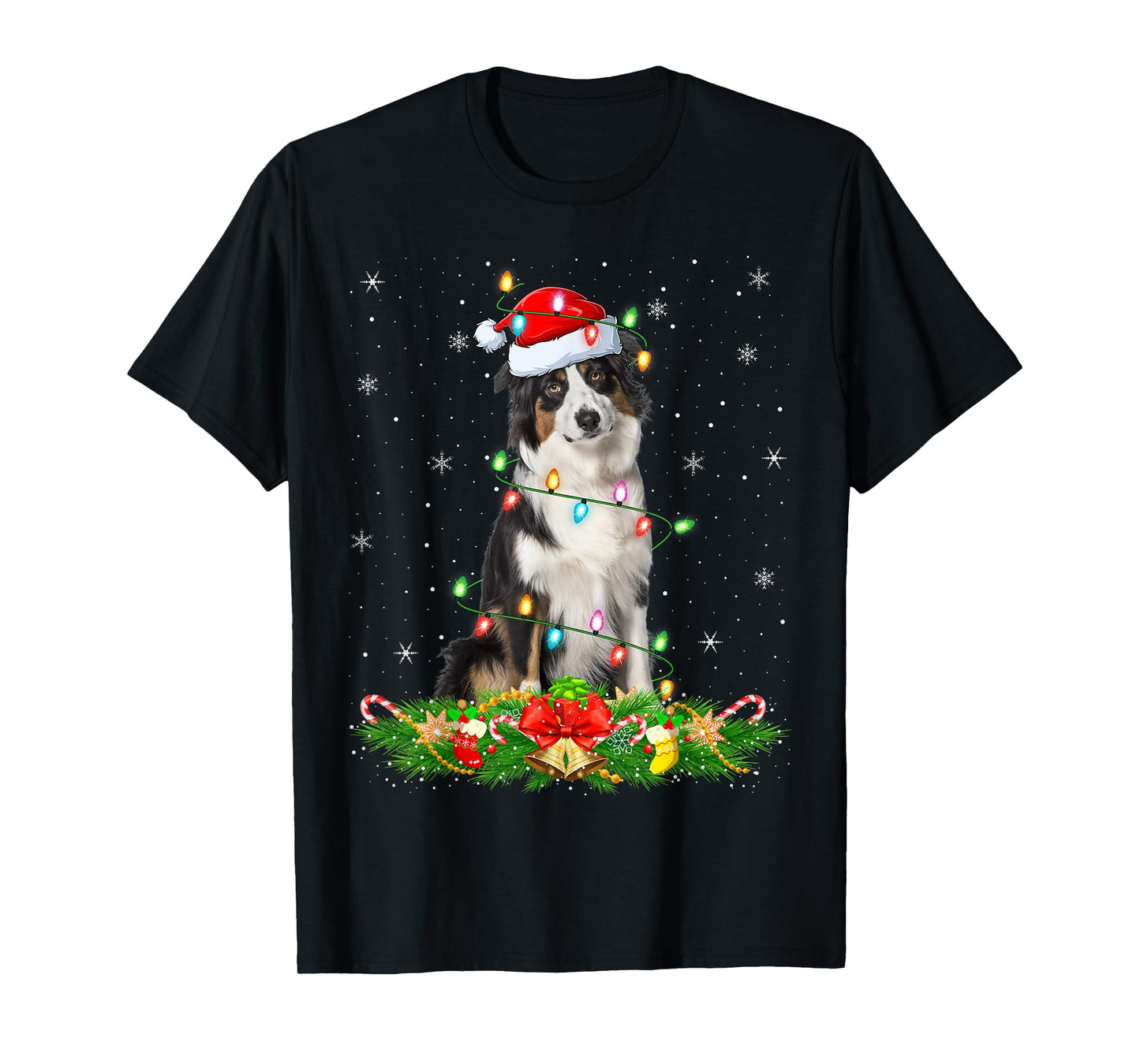 Australian Shepherd Dog Christmas Lights Santa Hat Xmas T-Shirt