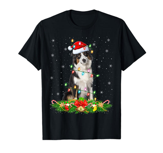 Australian Shepherd Dog Christmas Lights Santa Hat Xmas T-Shirt