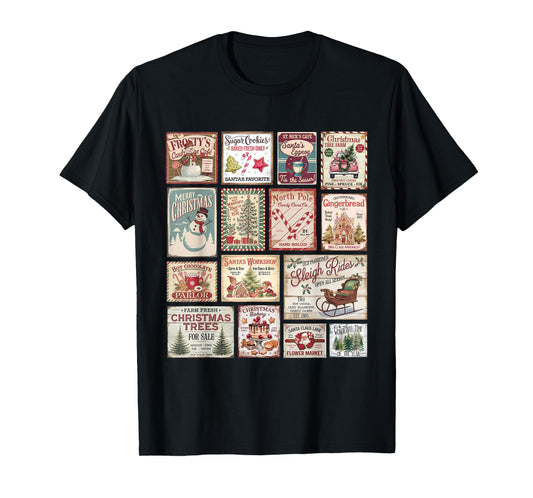 Retro Vintage Merry Christmas Stamps Santa Claus Hot Cocoa T-Shirt