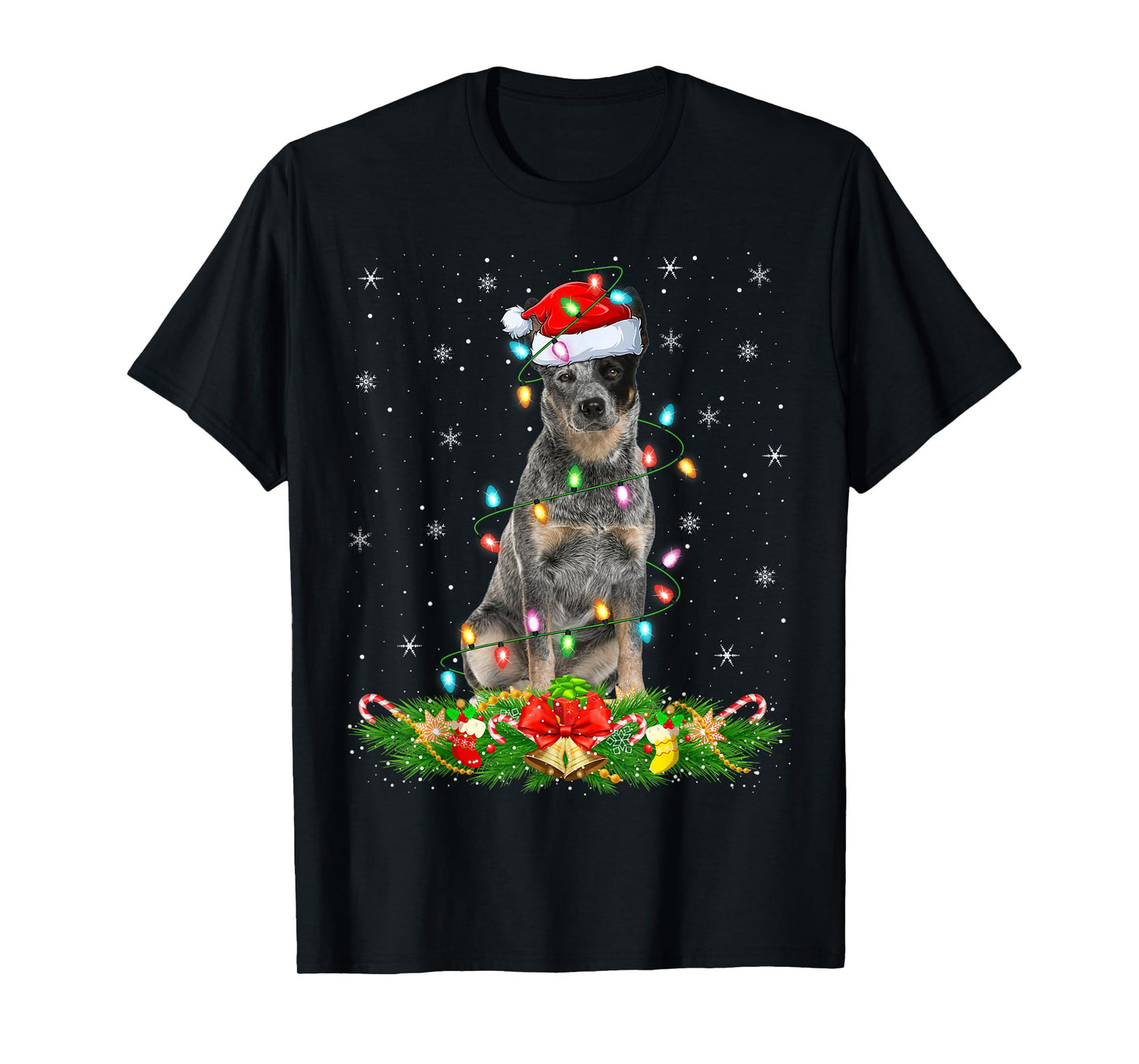 Blue Heeler Dog Christmas Lights Funny Santa Hat Xmas T-Shirt