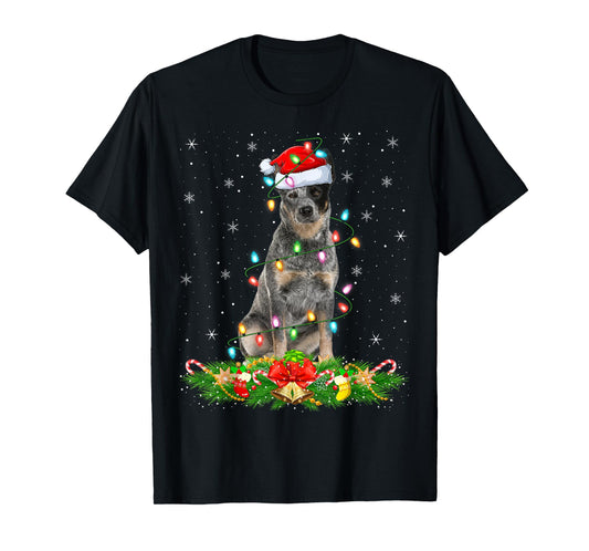 Blue Heeler Dog Christmas Lights Funny Santa Hat Xmas T-Shirt