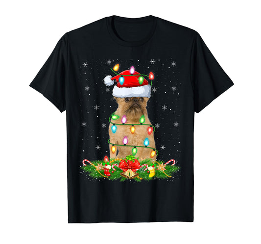 Brussels Griffon Dog Christmas Lights Funny Santa Hat Xmas T-Shirt