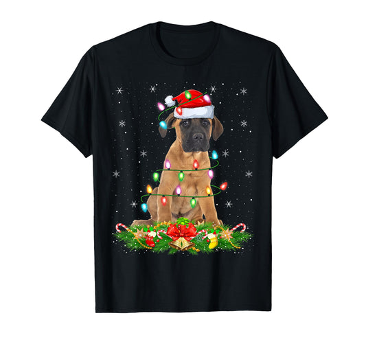 English Mastiff Dog Christmas Lights Funny Santa Hat Xmas T-Shirt