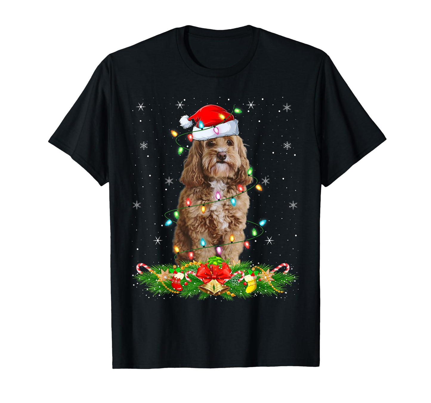 Cockapoo Dog Christmas Lights Funny Santa Hat Xmas T-Shirt