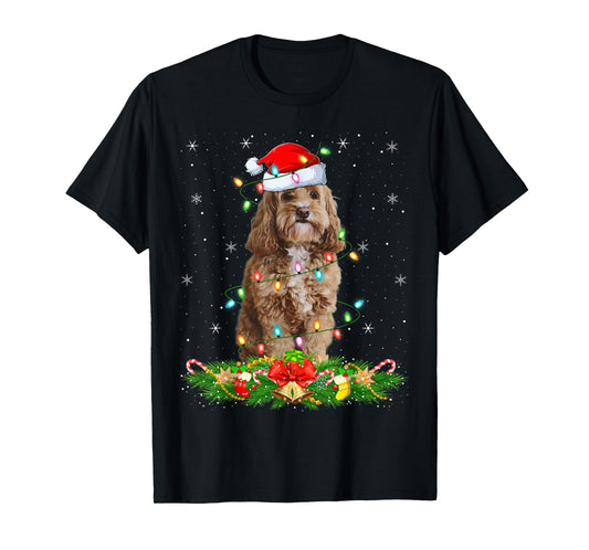 Cockapoo Dog Christmas Lights Funny Santa Hat Xmas T-Shirt