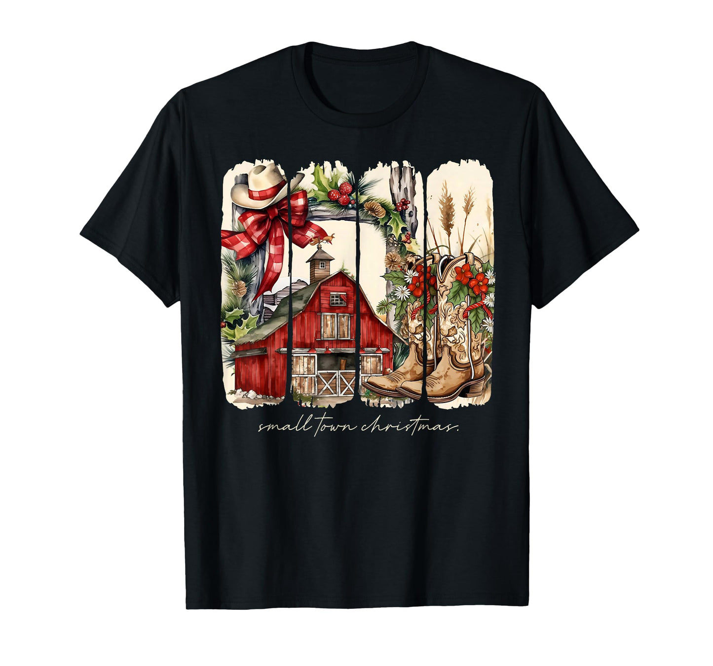 Small Town Christmas Western Cowboy Boots Coquette Bow Xmas T-Shirt