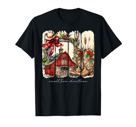 Small Town Christmas Western Cowboy Boots Coquette Bow Xmas T-Shirt
