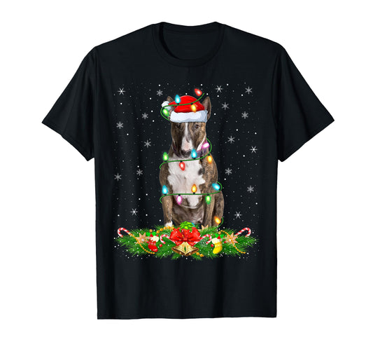 Bull Terrier Dog Christmas Lights Funny Santa Hat Xmas T-Shirt