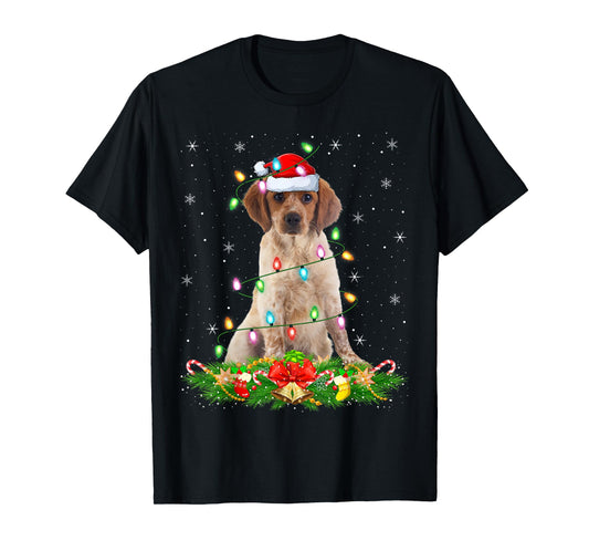 Brittany Spaniel Dog Christmas Lights Funny Santa Hat Xmas T-Shirt